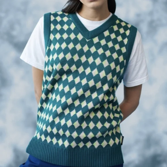 Teddy Fresh Tops Teddyfresh Argyle Sweater Vest Teal Medium